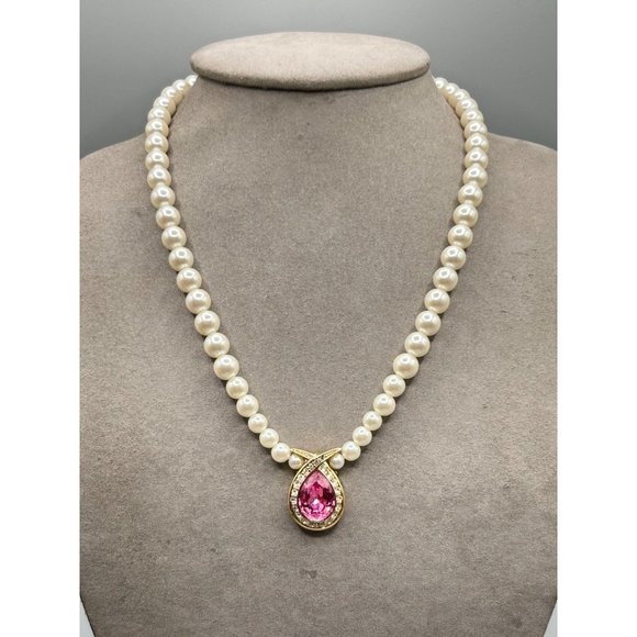 Signed Marvella Pearls Necklace with Pink Stone & Rhinestones Accents Gold Tone - Picture 3 of 12
